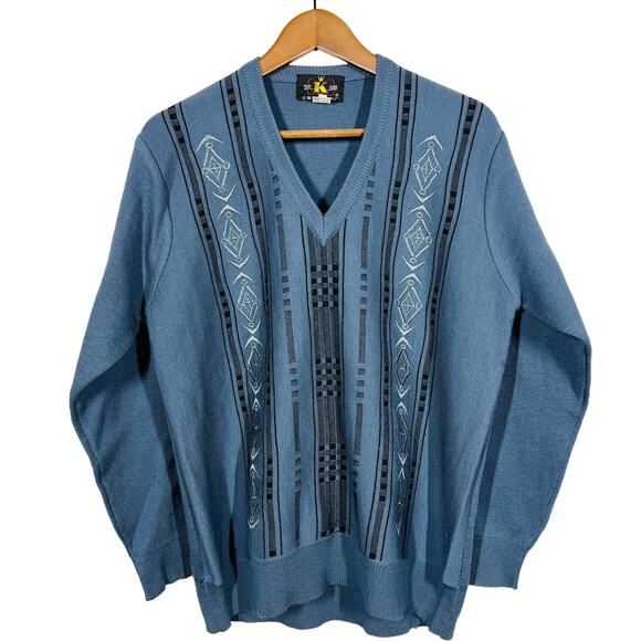 Vintage 90s K Crown Made in Japan V Neck Dad Sweater Line Knit Embroidered - M - Picture 1 of 5